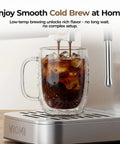 Sick Home Barista Essential Featuring Professional Espresso Machine With Milk Frother And Instant Cold Brew Maker For No Sweat Daily Grinds And Smooth 20 Bar Extraction Vibes. Fresh cold brew coffee pouring into a glass with ice.