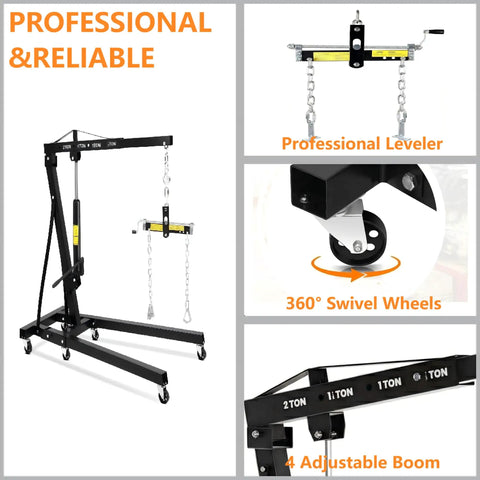 Heavy Duty 2 Ton Hydraulic Engine Hoist Cherry Picker With Manual Pump Lever And Compact Fold Steel Frame Mounted On Six Heavy Casters