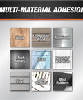 Multi-Material Adhesion chart showing surfaces like wood, glass, and metals for Heavy Duty 100 Pure Silicone Rubber Sealant In Black.