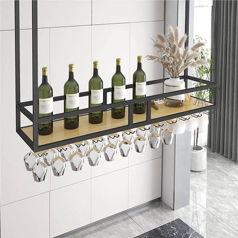 Ceiling Mounted Wine Rack With Glass And Bottle Holder Space Saving Dope Vintage Metal Suspension Shelf with bottles and glasses