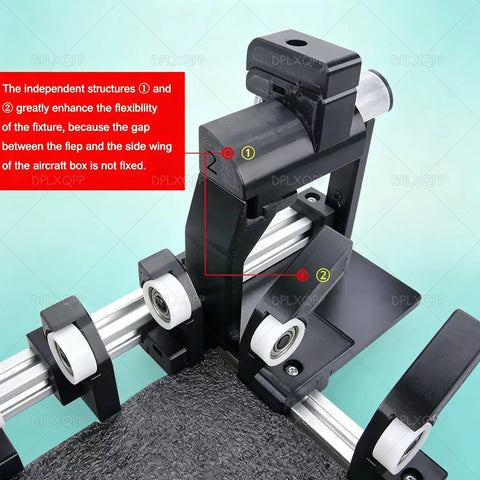 Close-up of No Sweat Manual Airplane Box Folding Jig showcasing adjustable tracks and rollers for easy carton folding.