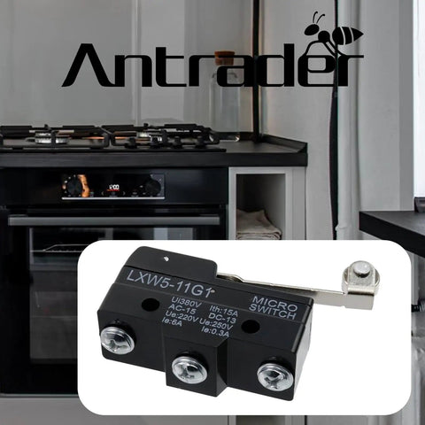 Six Pack LXW5-11G1 Momentary SPDT Limit Switches with Roller Lever, shown in a kitchen with a modern stove, black and silver design.