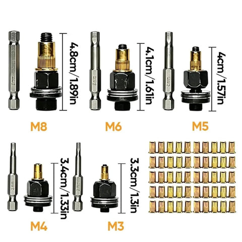 Rivet Nut Tool Kit Heavy Duty For M3 To M8 Sizes With Carbon Steel Rivnut Installer Adapters Includes M3 M4 M5 M6 M8 Heads And Assorted Rivet Nuts Manual Or Drill Powered Threaded Insert Tool Two Pack, M3-M8 heads and rivet nuts