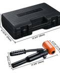 Heavy Duty 8 Ton Hydraulic Knockout Punch Set With Six Die Punches, case and handheld cutter shown with dimensions