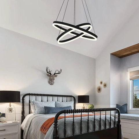 Black Two Ring LED Chandelier For Dining Room With Dimmable Remote Dope Circular Flush Mount Ceiling Light For High Ceilings
