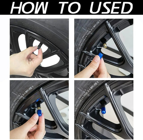 Hands using Deep Blue 4 Pack Tire Valve Stem Caps Universal For Cars, SUVs, Trucks, Motorcycles And Bikes Easy Twist On
