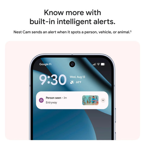 Mobile screen displaying alert from Nest Cam Indoor Wired 3rd Gen Security Camera With Crisp 2K HDR Video And Gemini AI, Night Vision.