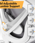 Close-up of ergonomic mesh office chair with 3D lumbar support adjustments in white with breathable mesh