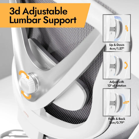 Close-up of ergonomic mesh office chair with 3D lumbar support adjustments in white with breathable mesh