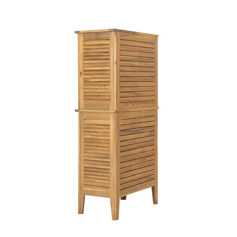 Side angle of Outdoor Acacia Wood Storage Cabinet With Two Doors And Four Shelves For Backyard Garden Balcony Coastal Farmhouse Style Tool Organizer Weather Resistant Teak Look 61 Inch Tall Shed For Extra Outdoor Storage