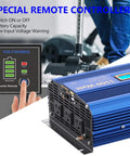 Rugged 1500 Watt Pure Sine Wave Inverter Effortlessly Converts 12V DC To 120V AC With Triple Outlets And Dual USB Chargers, shown with remote controller.