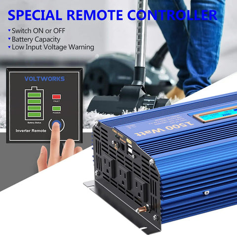 Rugged 1500 Watt Pure Sine Wave Inverter Effortlessly Converts 12V DC To 120V AC With Triple Outlets And Dual USB Chargers, shown with remote controller.