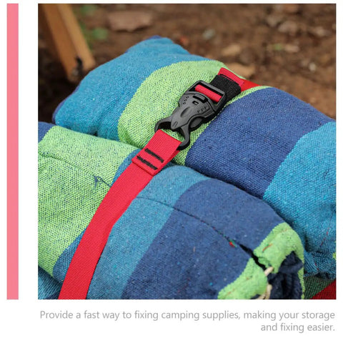 Beefy Outdoor Nylon Luggage Straps With Quick Release Buckle 1.5m Heavy Duty Camping Tie Down Straps securing rolled blue and green fabric