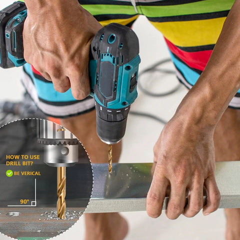Cobalt drill bit set in use with teal cordless drill drilling metal; 29-piece set with metal index storage box.