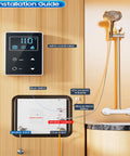 Installation guide for Heavy Duty 12V Propane Tankless Water Heater For Camper RV showing control panel and connections.