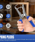 Hand holding 24 Piece Miter Spring Clamp Pliers Kit With Stainless Steel Clamps And Storage Ring, Built For Real Woodworking Pros