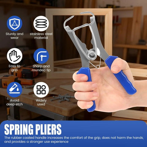 Premium Stainless Steel Miter Spring Clamps Kit With Heavy Duty Pliers For Picture Frames Wood Trim And Moldings In 24 Pieces Plus Storage Ring To Keep Your Studio Organized And Ready For Any Project. spring pliers in hand