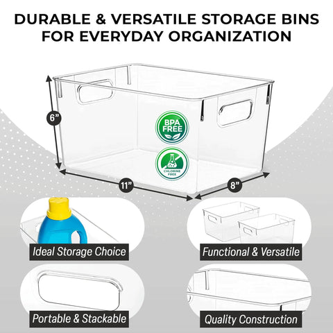 Massive Clear Plastic Storage Bins Pantry Fridge Cube Organizers dimensions 11x8x6 inches, BPA free, stackable for versatile home setup.