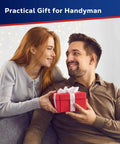 Smiling couple sitting together, woman giving a man a wrapped gift with ribbon, labeled 'Practical Gift for Handyman'.
