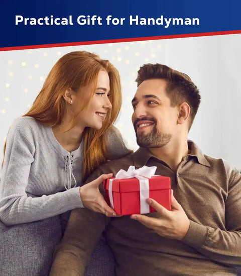 Smiling couple sitting together, woman giving a man a wrapped gift with ribbon, labeled 'Practical Gift for Handyman'.