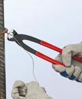 Concreters Nippers With Plastic Coating, 8 3/4 Inch Pliers cutting wire attached to rebar, used for concrete work