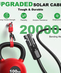 10AWG solar cable demonstrating strength and flexibility with connectors, labeled for 100KG tensile strength and durability.