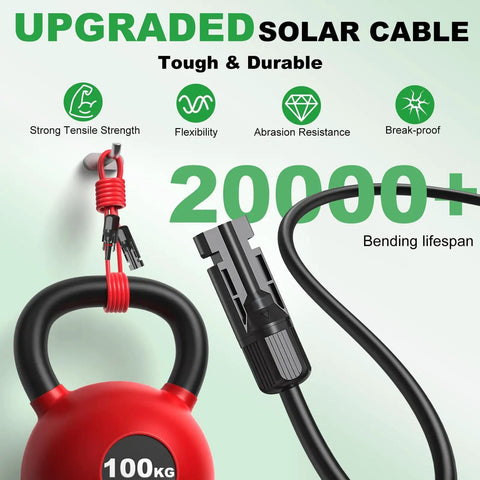 10AWG solar cable demonstrating strength and flexibility with connectors, labeled for 100KG tensile strength and durability.