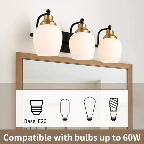Bold Black And Gold 3 Light Vanity Light Fixture With White Glass Globe For Bathroom Wall Sconce Modern Matte Black Body With Warm Brass Accents E26 Bulb Compatible