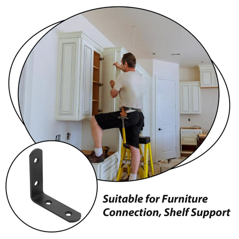 Heavy Duty Stainless Steel Corner Braces 12 Pack L Shaped Right Angle Metal Brackets For Shelves And Furniture Cabinets Support Durable Rust Resistant Diy Projects shown with installation example.