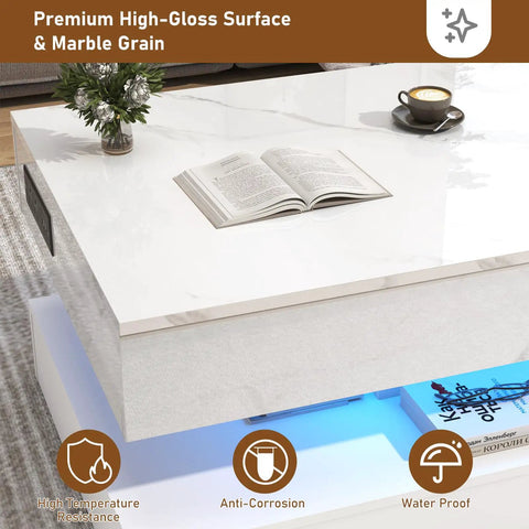 47.2 Inch Lift Top Coffee Table With LED Lights And Charging Station, modern white high gloss with open book and cup on top
