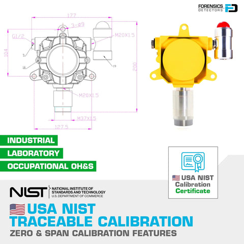 Chlorine Detector Industrial Wall Mount With Continuous Monitoring, Explosion Proof, 0-20ppm Cl2, USA NIST Calibration, Remote Control Up To 8 Meters, 4-20mA Analog Output, Dual Relay Alarms, Sound And Light Alerts, yellow sensor with dimensions and calibration certificate
