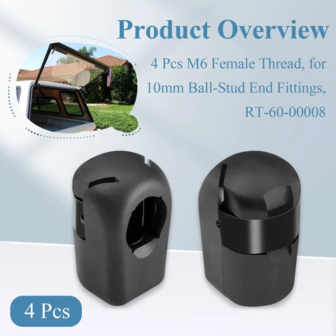Ready To Roll And Install Straight Up 4 Piece M6 Female Thread Gas Spring Strut End Fittings With 10MM Ball Stud Sockets For Auto RV Cabinet Hardware Repair Work, black plastic connectors.