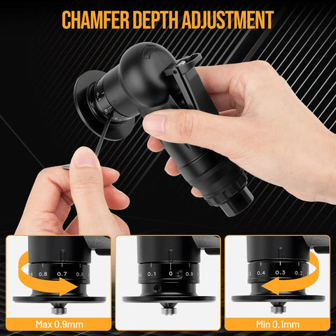 Front view of Beaiguna pneumatic chamfering tool with depth dial (0.1–0.9 mm) for metal and wood; 6 C/R-angle blades.