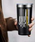 Person holding 20oz Electrician Tumbler Gift For Men Hilarious On Site Gear No Brainer Gift with American flag and tool design.