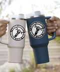Funny Handyman Mechanic Sticker Set Waterproof Vinyl Decals on two travel mugs, each with a bold logo, shown in hand outdoors.