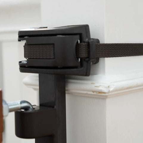 Close-up of wall mounting bracket for Wood Banister And Stair Safety Gate For Babies And Pets, adjustable and oak finish.