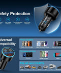 90W USB C Car Charger With 5 Fast Charge Ports And Digital Voltmeter Display features safety protection and universal compatibility.