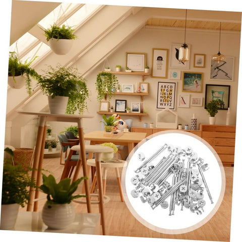 20 Set Cam Fittings Kit For Cabinets With Connectors And Dowels Easy Assembly No Fuss Strong Load Bearing Lightweight And Portable Ideal For Furniture Panels And Office Cabinets shown in a living room setting.