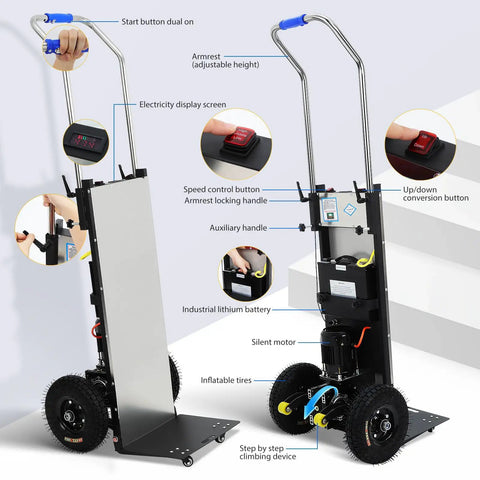 Detailed view of Super Heavy Duty Electric Stair Climber Hand Truck With 1200W Motor And 900 LB Load Capacity showing features like battery and buttons.