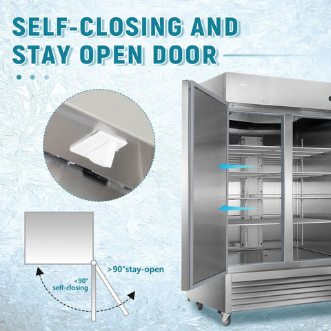 Heavy Duty Workhorse 54 Inch Commercial Freezer Offering 49 Cu Ft Capacity with self-closing and stay-open door design.