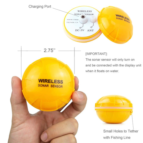 Hand holding yellow wireless sonar sensor for Portable Wireless Fish Finder With Rechargeable Battery, Castable Transducer, No Cable, Depth Locator