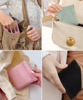 Four Pack Small Makeup Bags For Purse And Travel, Mini Portable Cosmetic Bags For Women shown being placed in handbags.