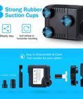 Ultra Quiet Submersible Fountain Pump 80 GPH for Pond or Aquarium with 4.9 Ft Tubing, 3 nozzles, suction cups, and disassembled view