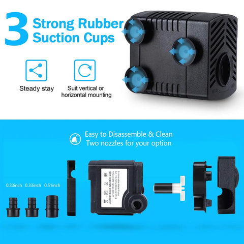 Twin Pack Submersible Fountain Pump 80 GPH 4W 300 LPH with 7.2 Ft Power Cord featuring 3 rubber suction cups and disassembled nozzles