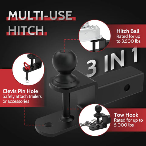 Three In One ATV UTV Trailer Hitch With Two Inch Ball Clevis Pin Hole And Built In Loop For Quick Hookups Beefed Up Towing Mount For Lawn Gear Trailers Winch Straps And More, black steel multi-use hitch