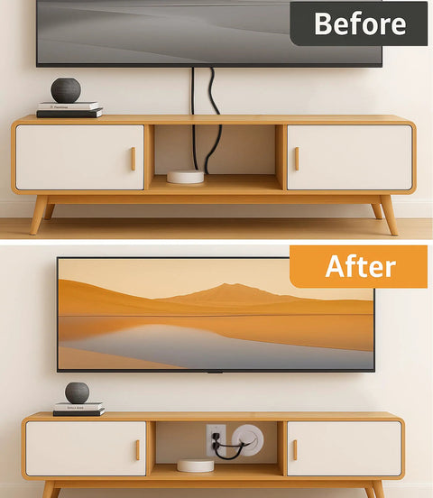 In-Wall Cable Management Kit For TV With 2 Wire Pass-Throughs And 1 Hole Saw Drill Attachment, before and after installing white concealer