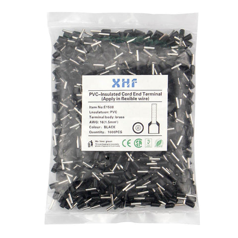 1000 Pcs Wire Ferrules Set For 16 AWG 1.5mm² Insulated Copper Crimp Connectors Black