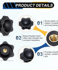 Grippy Five Pack Star Knobs With 1/4 Inch Female Thread, 38mm 6 Point Plastic Head Brass Insert, Non Through Hole, Black, product details.