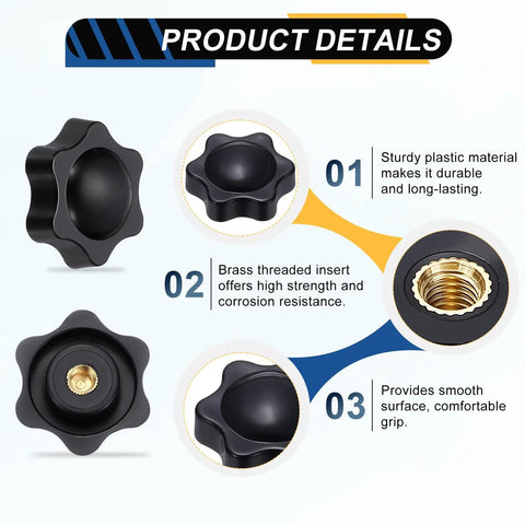Grippy Five Pack Star Knobs With 1/4 Inch Female Thread, 38mm 6 Point Plastic Head Brass Insert, Non Through Hole, Black, product details.