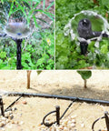 Drip Irrigation Emitters Set 25 Pcs With Adjustable Flow 0 To 20 GPH showing water spray over garden and soil setup.